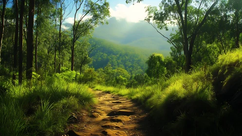 Mountain Valley Stream Through Dense Forest Canopy.
