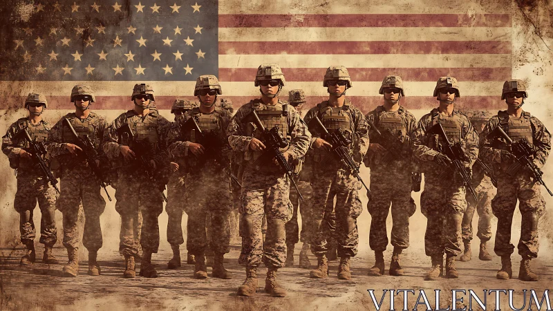 Line formation of armed soldiers before distressed US flag backdrop