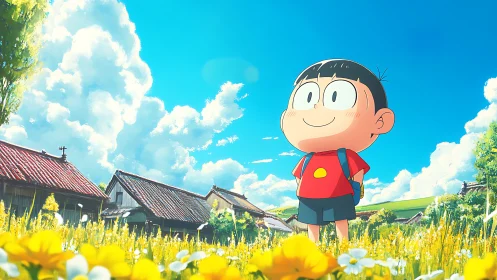 Anime child explores rural summer field under luminous skies