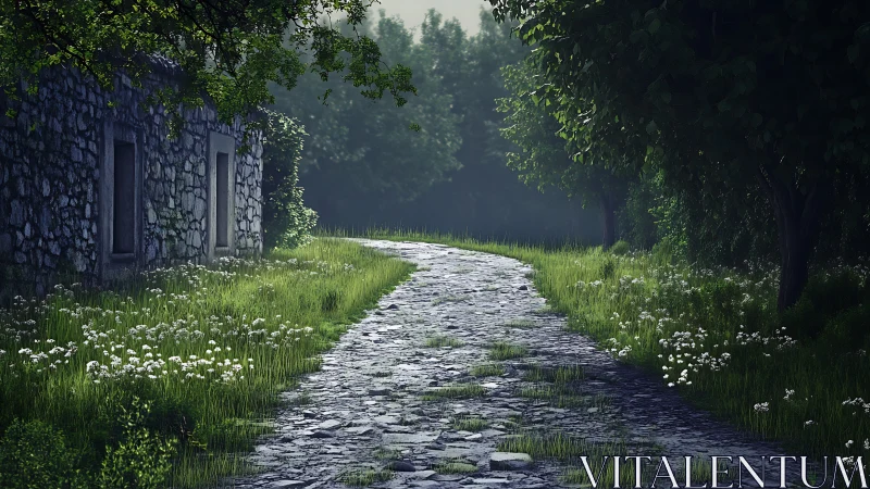 Sunlit stone lane curving past an abandoned woodland cottage.