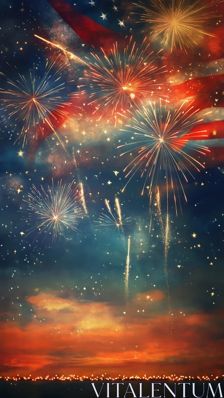 Patriotic fireworks burst over glowing sunset horizon.