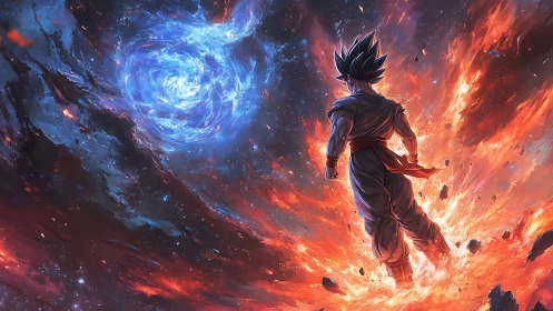 Dynamic anime warrior amid cosmic firestorm and energy portal.