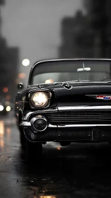 Midnight rain classic Chevy prowls through blurred city glow.