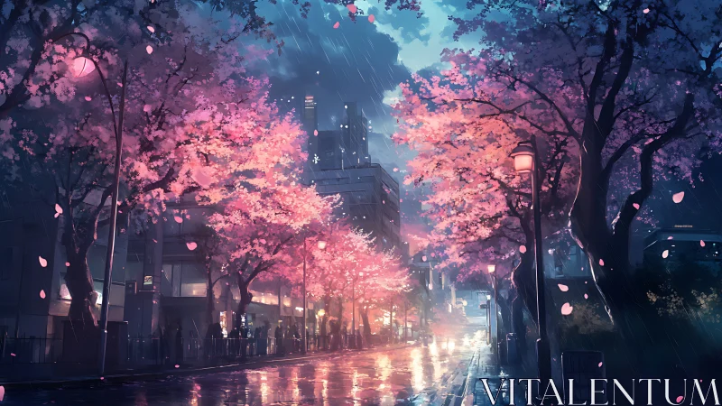 Rain-kissed city street glows beneath luminous cherry blossoms.