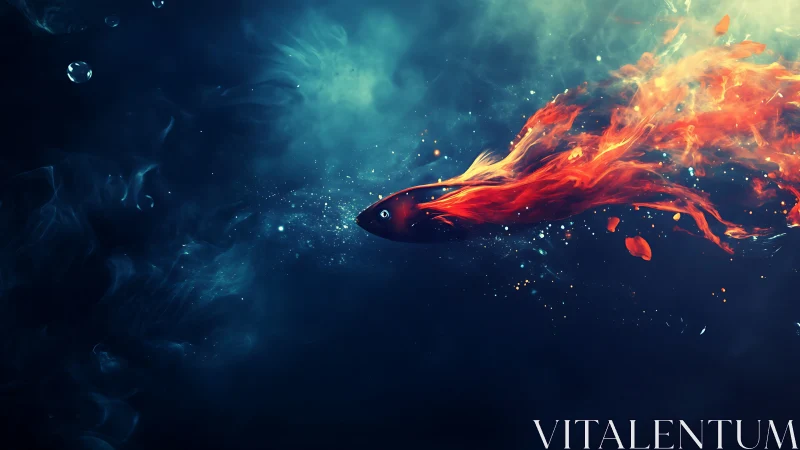 Fiery comet fish streaks through dark underwater void