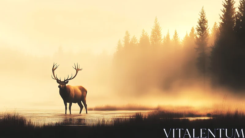Solitary elk standing in misty sunrise wetland scene.