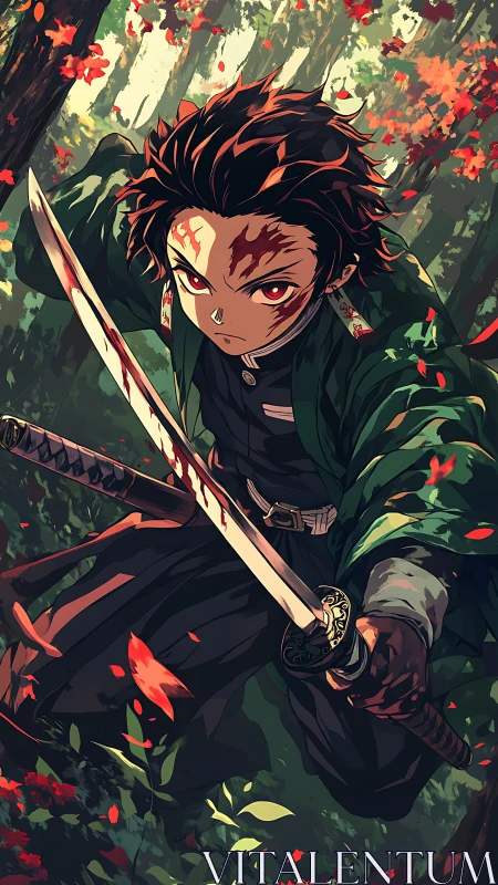 Anime warrior in bloodstained forest, dynamic action composition.