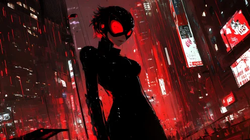 Masked vigilante in neon red cyberpunk cityscape at night.