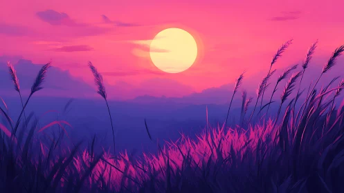 Vivid magenta sunset bathes windblown grasses in dreamlike light.