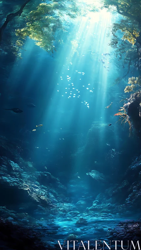 Sunlit underwater forest where gentle fish drift in peace.