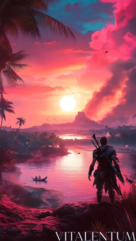 Armored figure overlooks vivid tropical river sunset scene