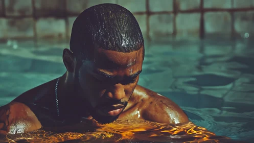 Brooding swimmer crowned in molten amber poollight calm.