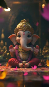 Divine baby Ganesha idol glows under warm temple lights.