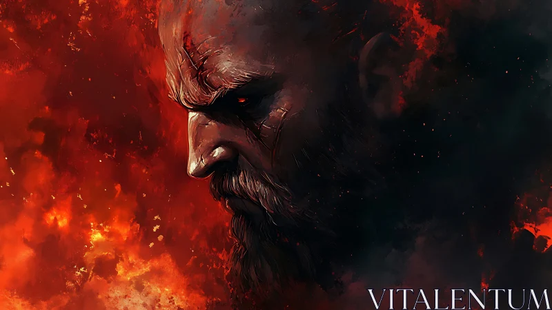 Scarred bearded male profile emerges from fiery darkness