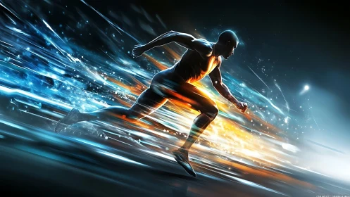 Futuristic sprinter explodes through streaks of light and energy