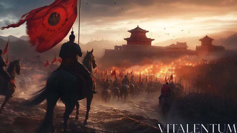 Imperial cavalry advances toward burning fortress at dusk.