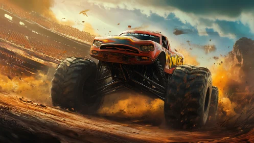 Roaring monster truck storms a dusty arena in blazing light