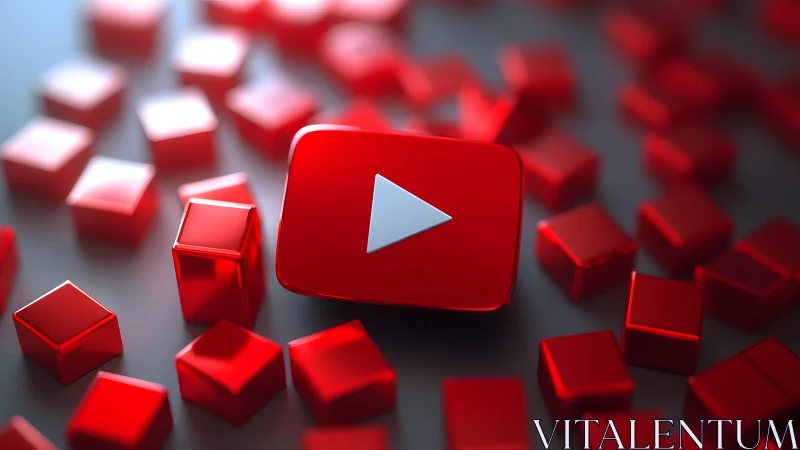 YouTube play button icon among glossy red cubes, digital art.