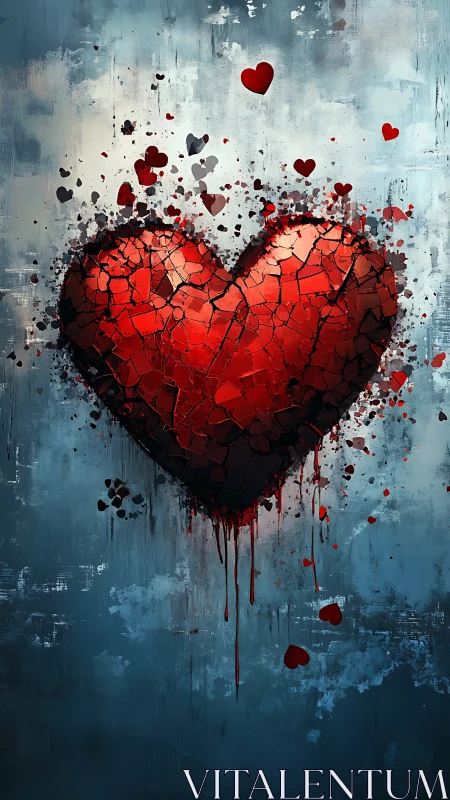 Geometric red heart form disintegrates against layered blue-gray textured background.