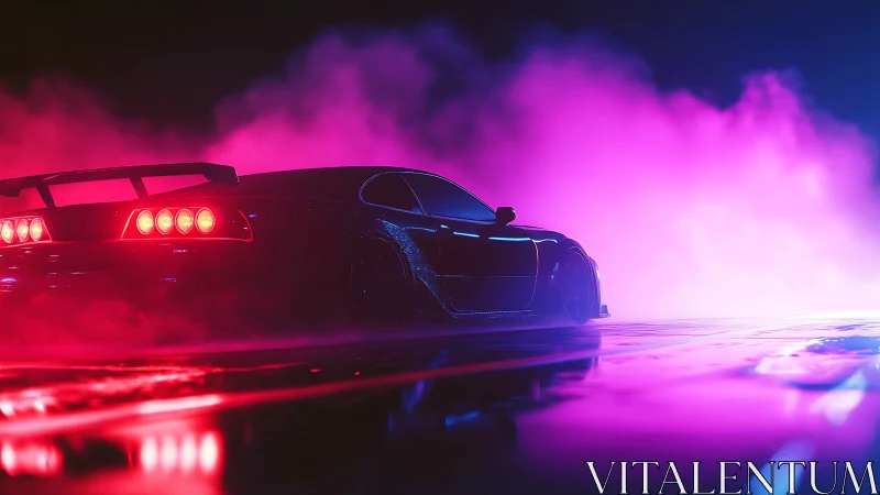 Neon drenched street racer prowling through electric fog.