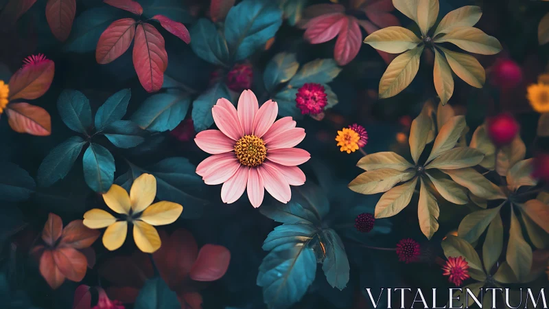 Botanical Composition with Pink Cosmos Central Focus and Layered Foliage