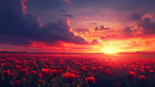 Crimson tulip field glows gently beneath a radiant sunset sky