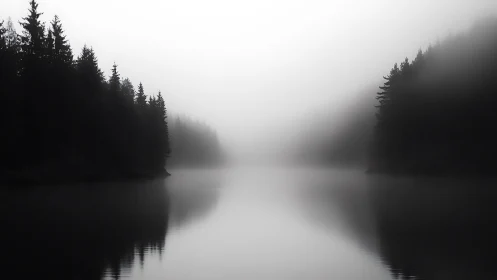 Symmetrical fog-laden conifer lake corridor in grayscale stillness.