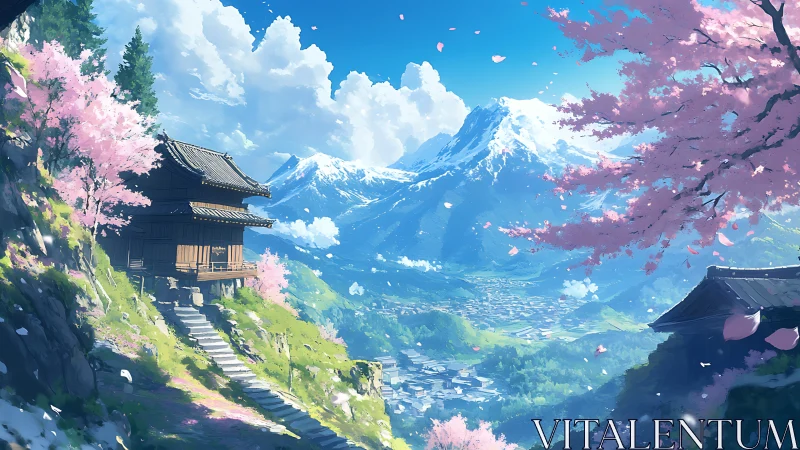 Mountain shrine dreams beneath drifting cherry petals.