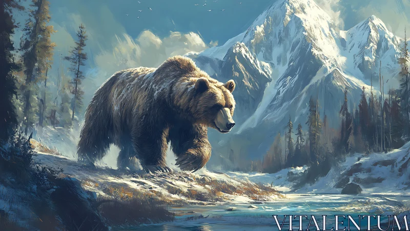 Lone winter grizzly roaming below knife-bright peaks.