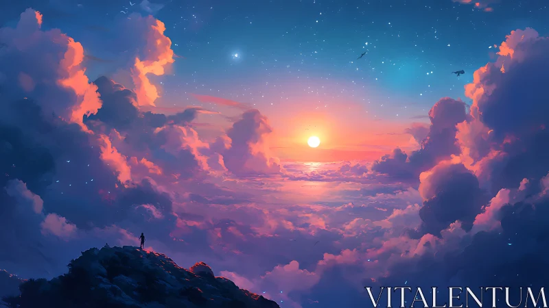 Dreamy sunset sky welcomes a lone traveler above the clouds