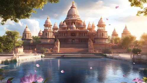 Sunlit temple palace reflected in tranquil blue waters.