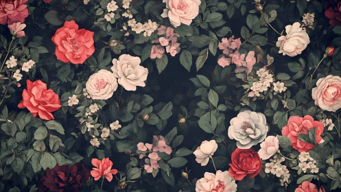 Lush Garden Symphony: Roses and Botanicals on Moody Canvas.