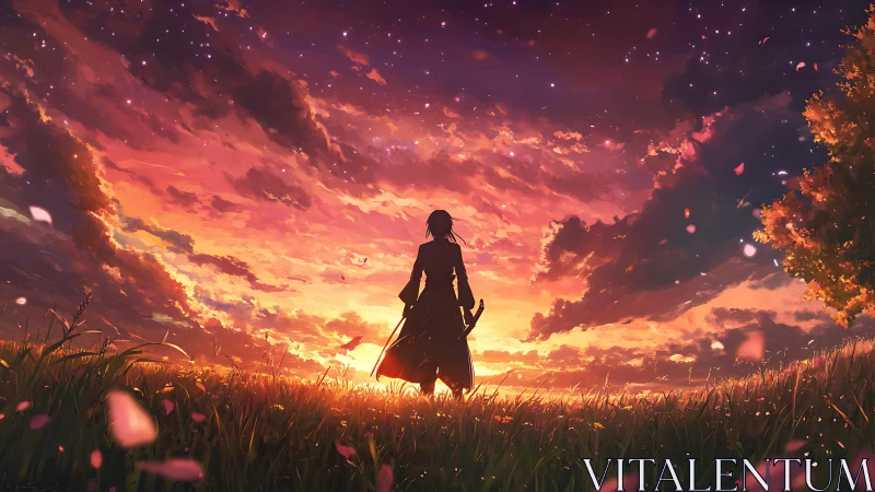 Wandering swordsman bathed in a glowing, hopeful sunset sky.