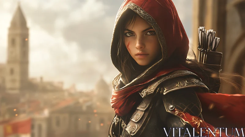 Hooded rogue archer stands vigilant above hazy medieval city