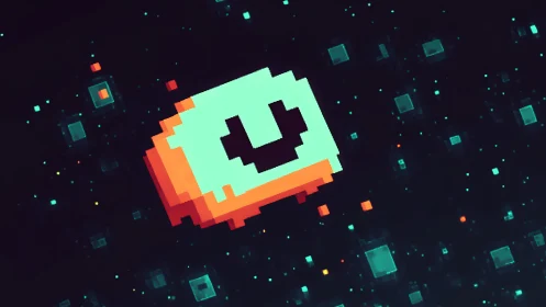 Glowing pixelated smile icon drifts through abstract data grid