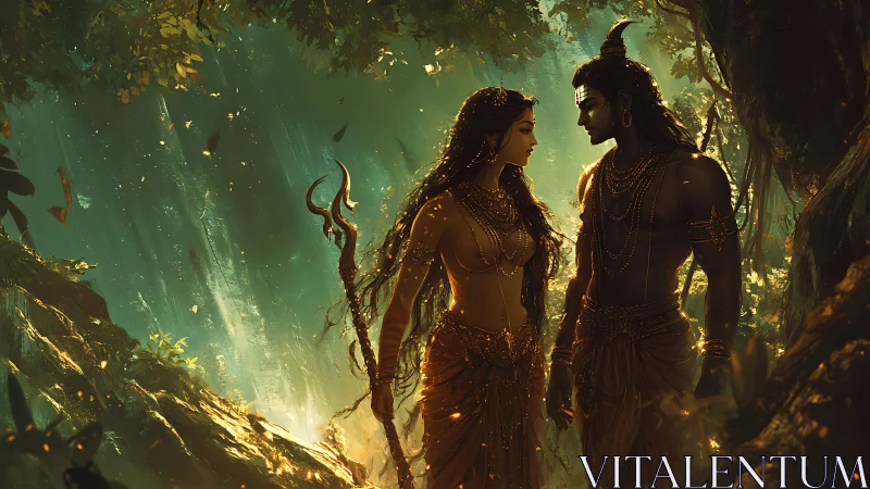 Enchanted forest lovers glowing in soft golden light.