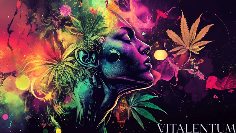 Psychedelic female profile with cannabis leaves and color.