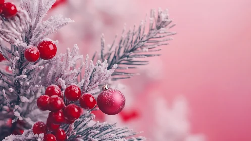 Frosted fir branch with red berries and matte bauble detail.