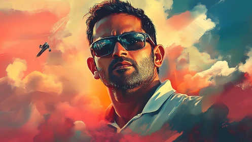 Portrait of man in sunglasses amid stylized clouds.