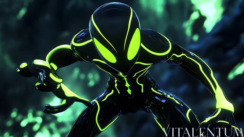 Neon alien sentinel crouches in glowing toxic forest