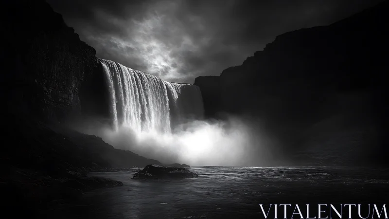 Monochrome long‑exposure waterfall under storm-laden sky