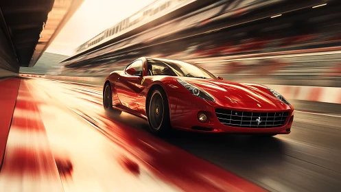 Red supercar races down sunlit track at dramatic speed.