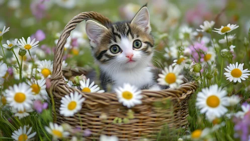 Tabby Kitten in Wicker Basket Surrounded by Daisies.