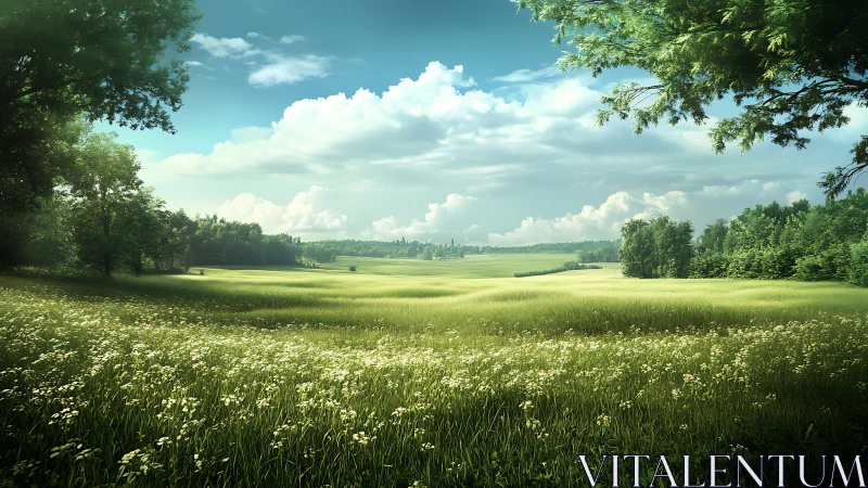 Sunlit wildflower meadow drifting beneath soft summer skies.