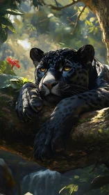 Black Leopard Repose: Golden-Eyed Predator in Dappled Forest Sanctuary.