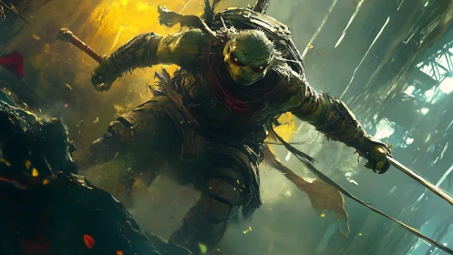 Armored mutant warrior lunging through incendiary urban ruin.