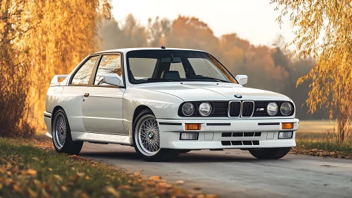Autumn-bathed white BMW classic waits on a golden lane.