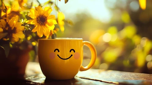 Yellow mug with smiling face stands near yellow flowers outdoors