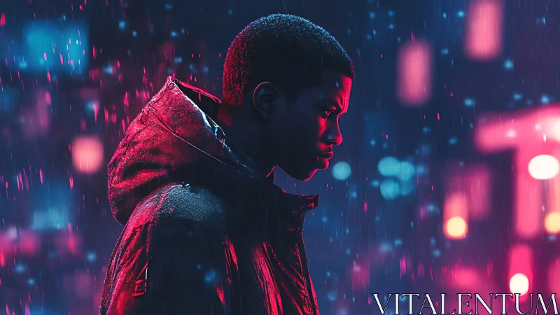 Neon rain-soaked profile in magenta cyan urban nightscape