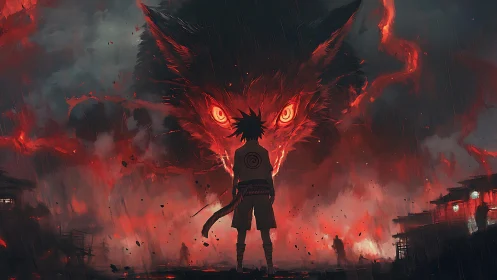 Boy confronts colossal fiery fox spirit in burning storm
